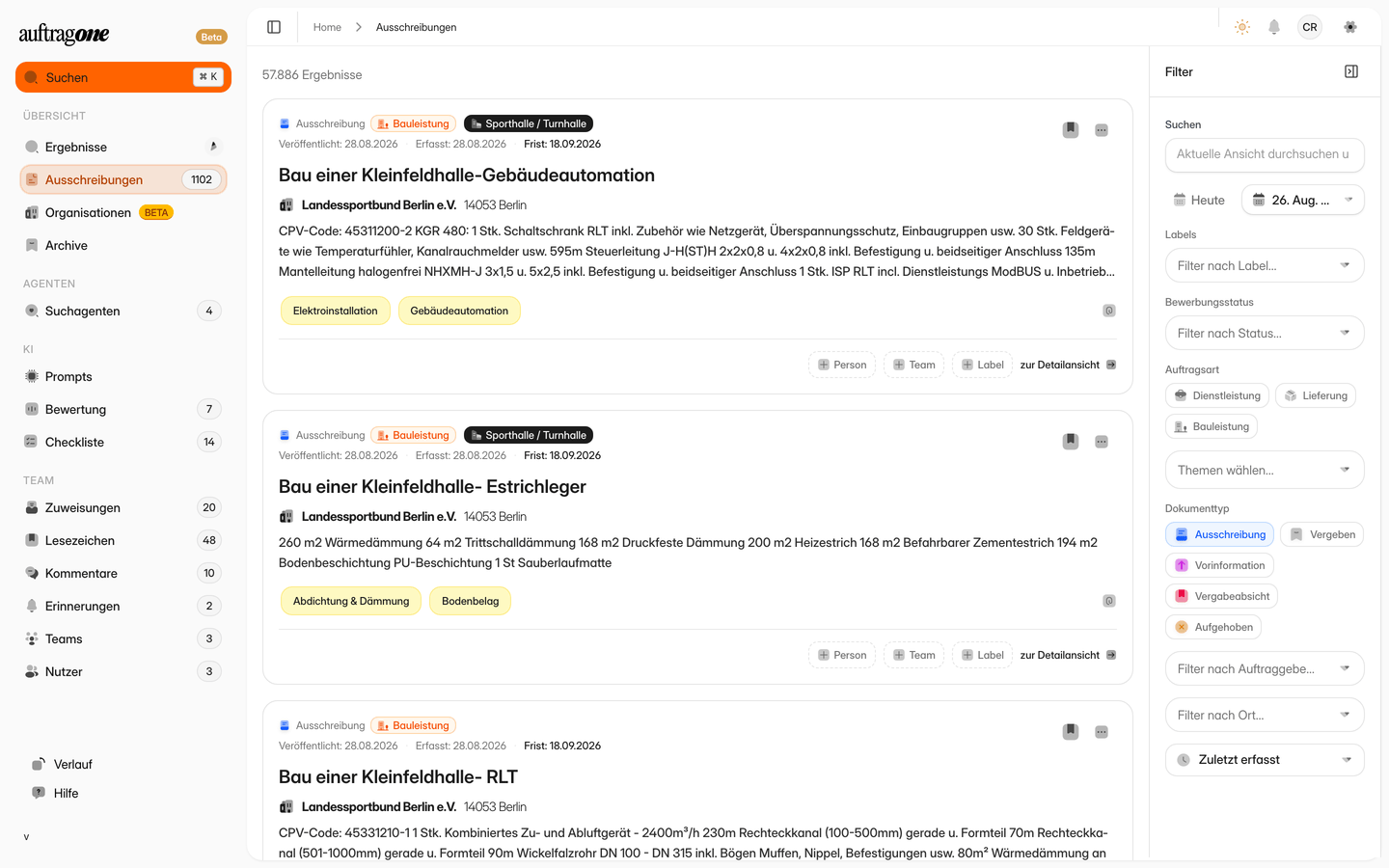 Screenshot der Auftrag One Trefferliste mit gespeicherten Suchprofilen